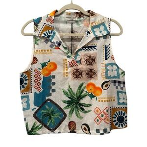 NWT Tropical Sleeveless Blouse Top Linen Cotton Palm Tree Vacay Resortwear Sz L